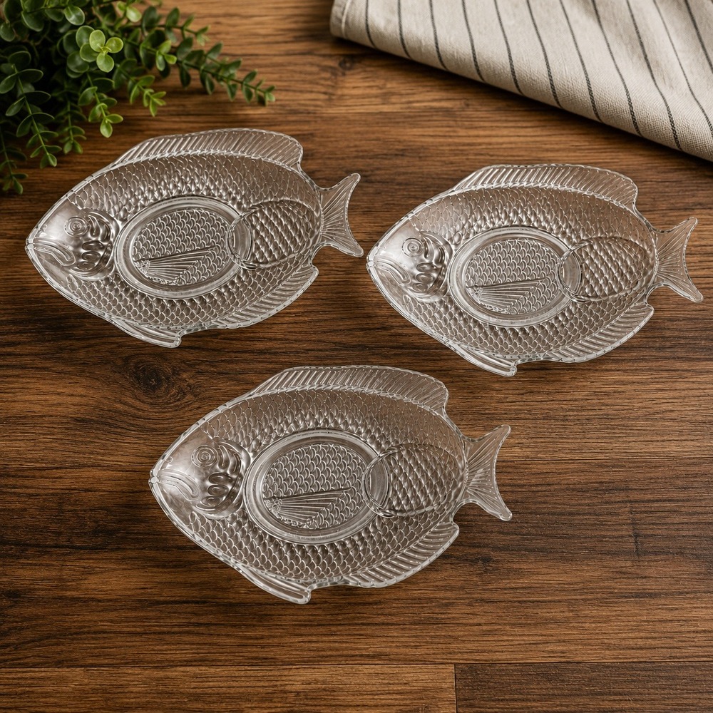 Set of 3 Clear Glass Fish Shaped Serving Cocktail Dish Platter Appetizer Tray